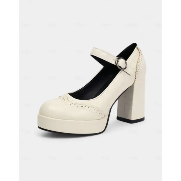 Women's Apricot Mary Jane Platform Pumps - 1950s Retro Chunky Heel Shoes with Brogue Detailing and Adjustable Strap for Office, Tea Parties, and Daily Wear