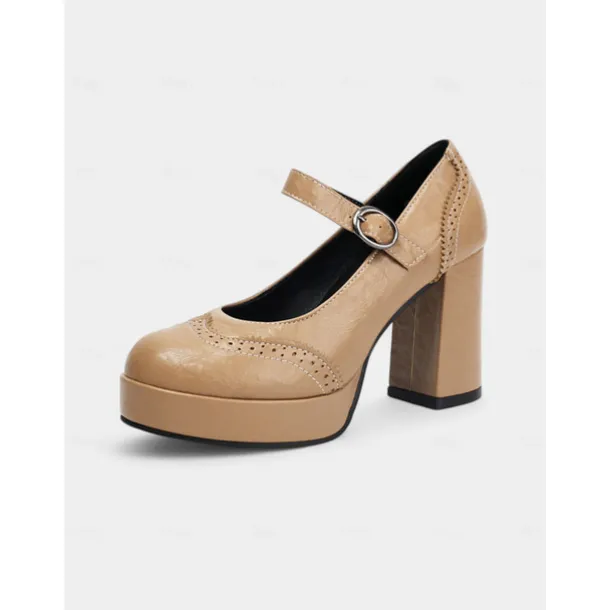 Women's Apricot Mary Jane Platform Pumps - 1950s Retro Chunky Heel Shoes with Brogue Detailing and Adjustable Strap for Office, Tea Parties, and Daily Wear
