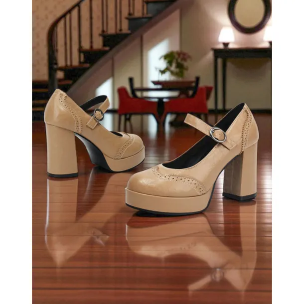 Women's Apricot Mary Jane Platform Pumps - 1950s Retro Chunky Heel Shoes with Brogue Detailing and Adjustable Strap for Office, Tea Parties, and Daily Wear