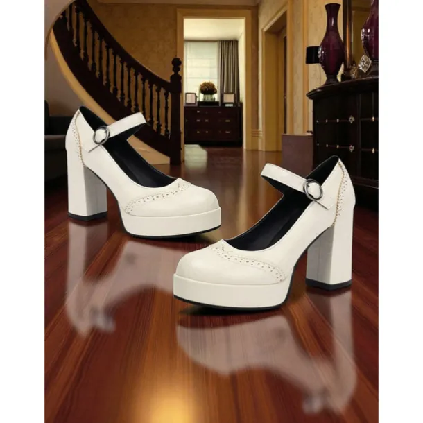 Women's Apricot Mary Jane Platform Pumps - 1950s Retro Chunky Heel Shoes with Brogue Detailing and Adjustable Strap for Office, Tea Parties, and Daily Wear