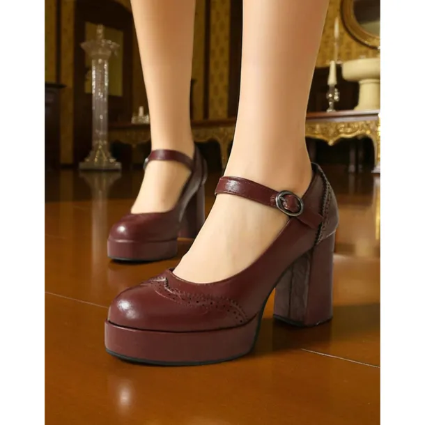 Women's Apricot Mary Jane Platform Pumps - 1950s Retro Chunky Heel Shoes with Brogue Detailing and Adjustable Strap for Office, Tea Parties, and Daily Wear
