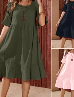 Women's ArmyGreen Pink Navy Blue Summer Spring Midi Dress Cotton Linen Dresses Casual Dress Cotton Summer Dress Basic Modern Daily Weekend Loose Fit Plain Crew Neck
