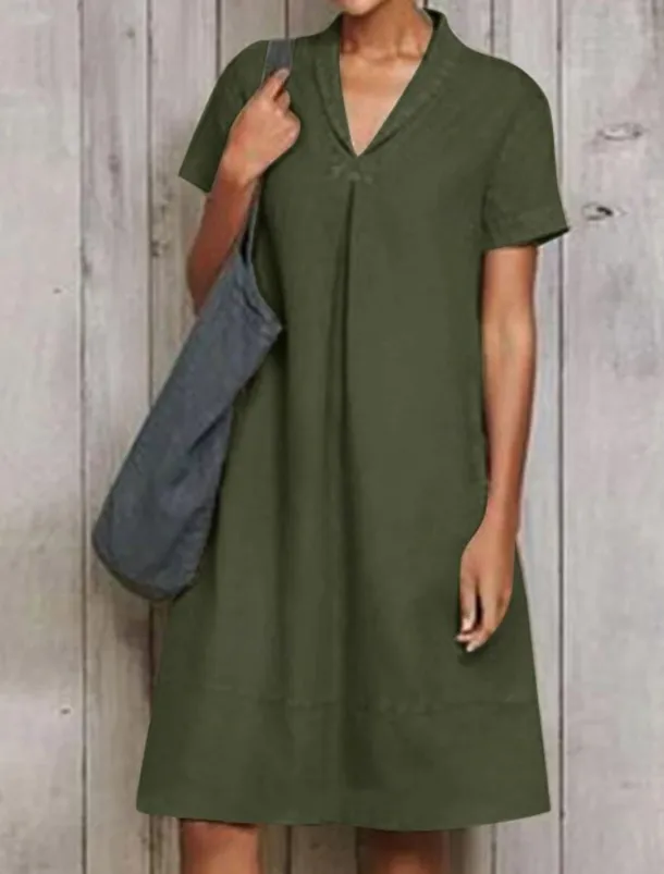 Women's ArmyGreen Sky Blue khaki Summer Spring Midi Dress Cotton Linen Dresses Casual Dress Fashion Modern Casual Outdoor Vacation Daily Loose Fit Plain V Neck