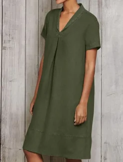 Women's ArmyGreen Sky Blue khaki Summer Spring Midi Dress Cotton Linen Dresses Casual Dress Fashion Modern Casual Outdoor Vacation Daily Loose Fit Plain V Neck