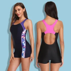Women's Athletic Swimwear One Piece Swimsuit Racerback Boyleg Swimsuit Surfing Racing Athletic Patchwork Swimwear Chlorine resistance Breathable Quick Dry Terylene Beach Wear