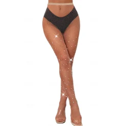Women's Back Seam High Waist Tights Sparkle Rhinestone Fishnets Party Rhinestone Mesh Stockings Disco Club Party