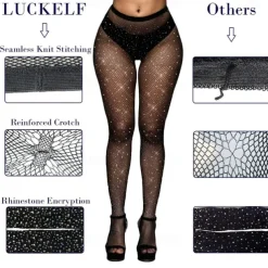 Women's Back Seam High Waist Tights Sparkle Rhinestone Fishnets Party Rhinestone Mesh Stockings Disco Club Party