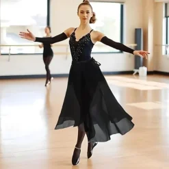 Women's Ballet Wrap Dress Chiffon Dance Wrap Skirt with Adjustable Waist Tie Gymnastics and Ballet Dance Skirts for Women Black Dancewear