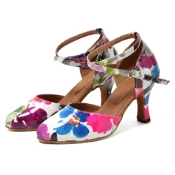 Women's Ballroom Dance Shoes Modern Shoes Training Indoor Practice Heel Sneaker Pattern / Print Flared Heel Peep Toe Cross Strap Black Pink / White