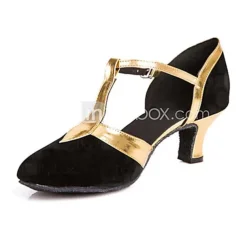 Women's Ballroom Dance Shoes Modern Dance Shoes Salsa Shoes Line Dance Heel Splicing Cuban Heel Buckle T-Strap Black and Gold Black