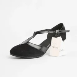 Women's Ballroom Dance Shoes Modern Dance Shoes Salsa Shoes Line Dance Heel Splicing Cuban Heel Buckle T-Strap Black and Gold Black