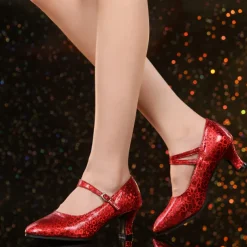 Women's Ballroom Dance Shoes Modern Shoes Performance Indoor Waltz Heel Glitter Cuban Heel Pointed Toe Silver Champagne Red