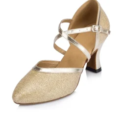 Women's Ballroom Dance Shoes Modern Shoes Performance Training Party Heel Glitter Net Thick Heel Buckle Silver Gold Beige