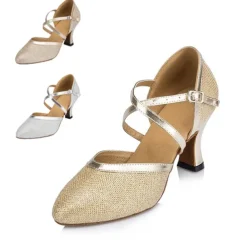 Women's Ballroom Dance Shoes Modern Shoes Performance Training Party Heel Glitter Net Thick Heel Buckle Silver Gold Beige