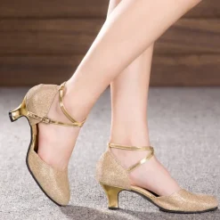Women's Ballroom Dance Shoes Modern Shoes Performance Indoor Waltz Sandal Heel Solid Color Cuban Heel Buckle Silver Golden Brown
