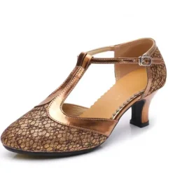 Women's Ballroom Dance Shoes Modern Dance Shoes Line Dance Performance Indoor Practice Heel Glitter Splicing Cuban Heel T-Strap Black / Gold Purple Silver Gray