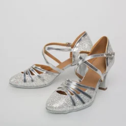 Women's Ballroom Dance Shoes Modern Shoes Stage Indoor Professional Heel Glitter Splicing Flared Heel Black Silver Gold