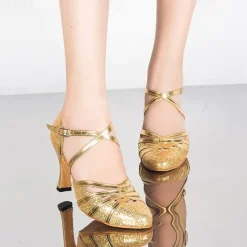 Women's Ballroom Dance Shoes Modern Shoes Stage Indoor Professional Heel Glitter Splicing Flared Heel Black Silver Gold