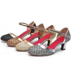 Women's Ballroom Shoes Modern Shoes Party Evening Outdoor Ballroom Dance Waltz Heel Glitter Cuban Heel Closed Toe Ankle Strap Black Bronze Silver