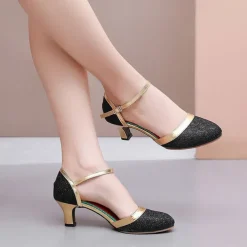 Women's Ballroom Shoes Modern Shoes Party Evening Outdoor Ballroom Dance Waltz Heel Glitter Cuban Heel Closed Toe Ankle Strap Black Bronze Silver
