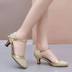 Women's Ballroom Shoes Modern Shoes Party Evening Outdoor Ballroom Dance Waltz Heel Glitter Cuban Heel Closed Toe Ankle Strap Black Bronze Silver