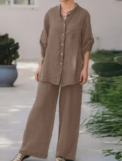 Women's Basic Shirt Two Piece Sets Pants Sets Wide Leg Pants Trousers Long Sleeve Shirt Collar Plain Daily Wear Casual Daily Navy Blue Orange Brown Spring & Summer Regular Fit