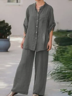 Women's Basic Shirt Two Piece Sets Pants Sets Wide Leg Pants Trousers Long Sleeve Shirt Collar Plain Daily Wear Casual Daily Navy Blue Orange Brown Spring & Summer Regular Fit