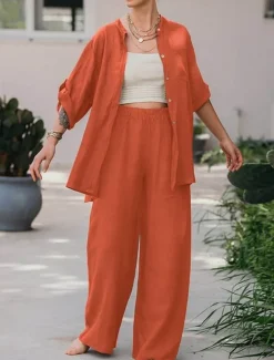 Women's Basic Shirt Two Piece Sets Pants Sets Wide Leg Pants Trousers Long Sleeve Shirt Collar Plain Daily Wear Casual Daily Navy Blue Orange Brown Spring & Summer Regular Fit