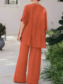 Women's Basic Shirt Two Piece Sets Pants Sets Wide Leg Pants Trousers Long Sleeve Shirt Collar Plain Daily Wear Casual Daily Navy Blue Orange Brown Spring & Summer Regular Fit