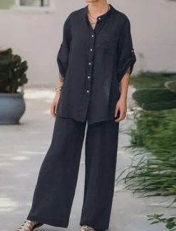 Women's Basic Shirt Two Piece Sets Pants Sets Wide Leg Pants Trousers Long Sleeve Shirt Collar Plain Daily Wear Casual Daily Navy Blue Orange Brown Spring & Summer Regular Fit