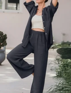 Women's Basic Shirt Two Piece Sets Pants Sets Wide Leg Pants Trousers Long Sleeve Shirt Collar Plain Daily Wear Casual Daily Navy Blue Orange Brown Spring & Summer Regular Fit