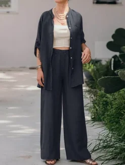 Women's Basic Shirt Two Piece Sets Pants Sets Wide Leg Pants Trousers Long Sleeve Shirt Collar Plain Daily Wear Casual Daily Navy Blue Orange Brown Spring & Summer Regular Fit