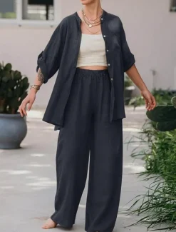 Women's Basic Shirt Two Piece Sets Pants Sets Wide Leg Pants Trousers Long Sleeve Shirt Collar Plain Daily Wear Casual Daily Navy Blue Orange Brown Spring & Summer Regular Fit