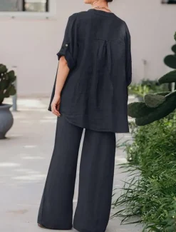 Women's Basic Shirt Two Piece Sets Pants Sets Wide Leg Pants Trousers Long Sleeve Shirt Collar Plain Daily Wear Casual Daily Navy Blue Orange Brown Spring & Summer Regular Fit