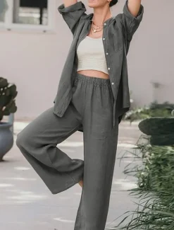 Women's Basic Shirt Two Piece Sets Pants Sets Wide Leg Pants Trousers Long Sleeve Shirt Collar Plain Daily Wear Casual Daily Navy Blue Orange Brown Spring & Summer Regular Fit