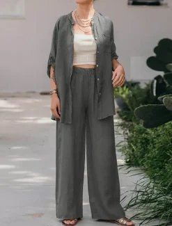 Women's Basic Shirt Two Piece Sets Pants Sets Wide Leg Pants Trousers Long Sleeve Shirt Collar Plain Daily Wear Casual Daily Navy Blue Orange Brown Spring & Summer Regular Fit