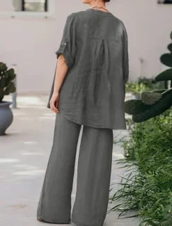 Women's Basic Shirt Two Piece Sets Pants Sets Wide Leg Pants Trousers Long Sleeve Shirt Collar Plain Daily Wear Casual Daily Navy Blue Orange Brown Spring & Summer Regular Fit