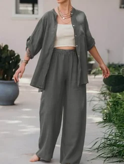 Women's Basic Shirt Two Piece Sets Pants Sets Wide Leg Pants Trousers Long Sleeve Shirt Collar Plain Daily Wear Casual Daily Navy Blue Orange Brown Spring & Summer Regular Fit