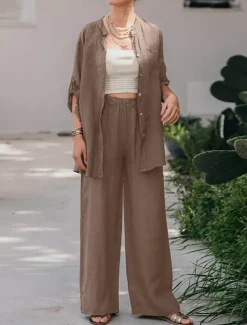 Women's Basic Shirt Two Piece Sets Pants Sets Wide Leg Pants Trousers Long Sleeve Shirt Collar Plain Daily Wear Casual Daily Navy Blue Orange Brown Spring & Summer Regular Fit