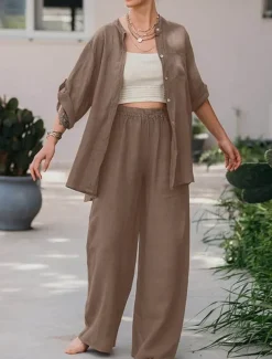 Women's Basic Shirt Two Piece Sets Pants Sets Wide Leg Pants Trousers Long Sleeve Shirt Collar Plain Daily Wear Casual Daily Navy Blue Orange Brown Spring & Summer Regular Fit