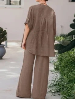 Women's Basic Shirt Two Piece Sets Pants Sets Wide Leg Pants Trousers Long Sleeve Shirt Collar Plain Daily Wear Casual Daily Navy Blue Orange Brown Spring & Summer Regular Fit