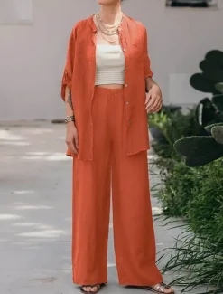 Women's Basic Shirt Two Piece Sets Pants Sets Wide Leg Pants Trousers Long Sleeve Shirt Collar Plain Daily Wear Casual Daily Navy Blue Orange Brown Spring & Summer Regular Fit
