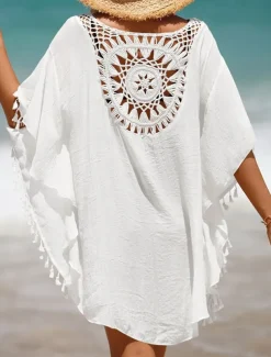 Women's Beach Cover-Up White Crochet Tassel Bohemian Poncho Casual Summer One Size Fits Most Breathable Lightweight