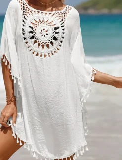 Women's Beach Cover-Up White Crochet Tassel Bohemian Poncho Casual Summer One Size Fits Most Breathable Lightweight