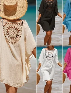 Women's Beach Cover-Up White Crochet Tassel Bohemian Poncho Casual Summer One Size Fits Most Breathable Lightweight