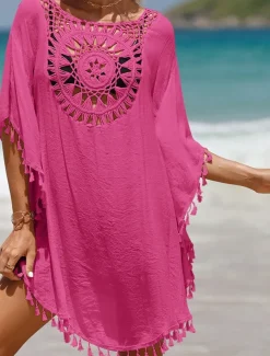 Women's Beach Cover-Up White Crochet Tassel Bohemian Poncho Casual Summer One Size Fits Most Breathable Lightweight