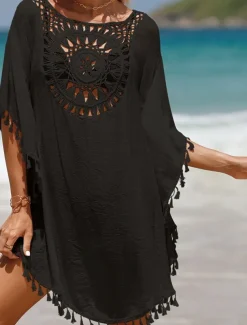 Women's Beach Cover-Up White Crochet Tassel Bohemian Poncho Casual Summer One Size Fits Most Breathable Lightweight