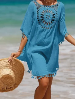 Women's Beach Cover-Up White Crochet Tassel Bohemian Poncho Casual Summer One Size Fits Most Breathable Lightweight