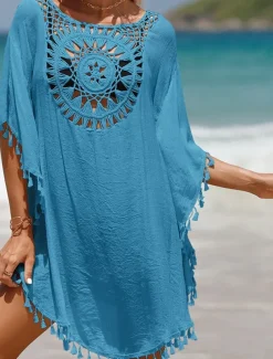 Women's Beach Cover-Up White Crochet Tassel Bohemian Poncho Casual Summer One Size Fits Most Breathable Lightweight