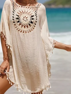 Women's Beach Cover-Up White Crochet Tassel Bohemian Poncho Casual Summer One Size Fits Most Breathable Lightweight
